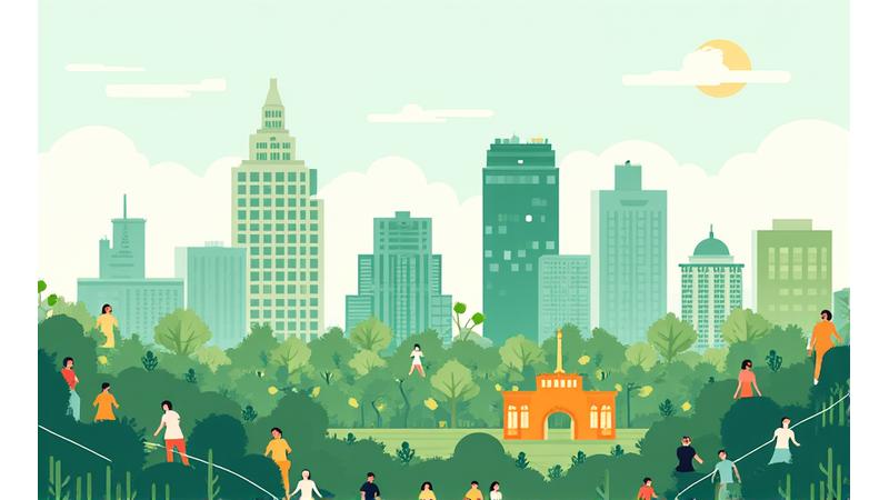 Illustration of Austin skyline with blooming plants and diverse people, representing community wellness