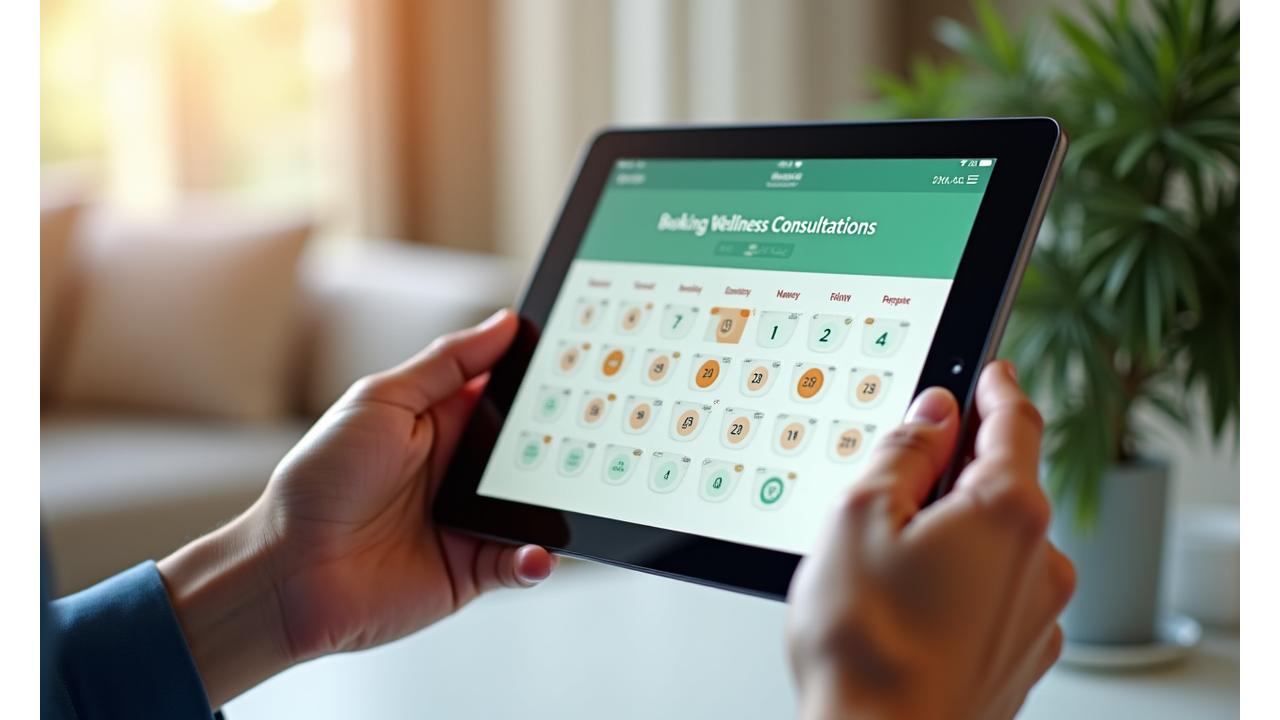 A close-up shot of hands interacting with a tablet displaying a sleek calendar and booking interface. The background is softly blurred, showing a modern, comfortable office setting. This image represents ease of scheduling and modern solutions.