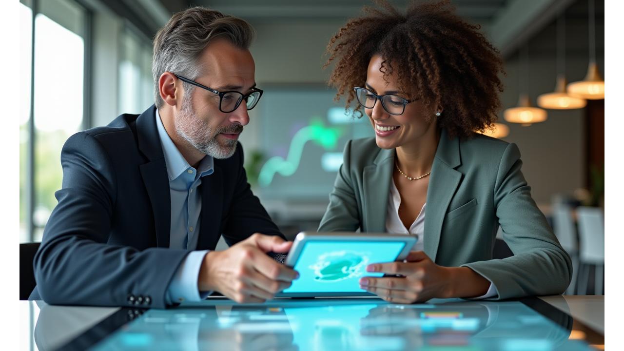 Two professionals, one male and one female, engaged in a collaborative discussion around a large, bright table. They are looking at a shared tablet with charts, suggesting data-driven partnership. The overall atmosphere is professional, cooperative, and forward-thinking, embodying growth and connection.