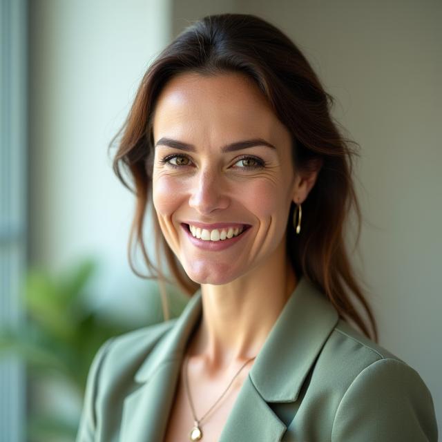 Dr. Elara Vance, a warm and confident woman in her early 40s, with a genuine smile and kind eyes, dressed professionally in a subtle, natural tone, reflecting trustworthiness and expertise