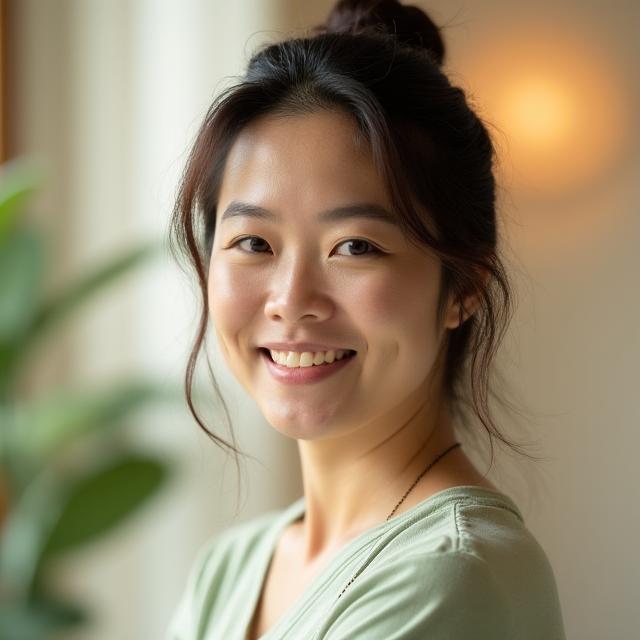 Sophia Chen, a tranquil and empathetic mindfulness coach in her early 40s. She has a serene expression, a gentle demeanor, and is dressed in comfortable, soft-colored attire, conveying a sense of calm and inner peace.