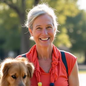 Maria R., 52, smiling after a brisk walk with her dog in a park
