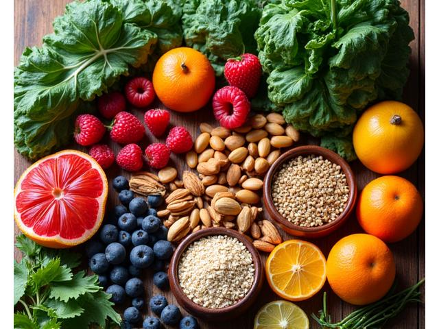 Variety of vibrant, healthy foods arranged aesthetically to represent functional nutrition, including colorful fruits, vegetables, nuts, and whole grains.