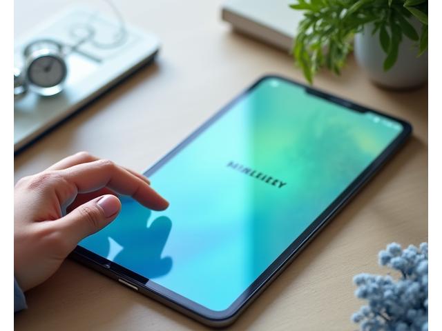 A person holding a stylized digital tablet displaying a calm blue screen with mindfulness app features, illustrating ease of use.