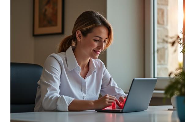 A woman in her late 30s-early 40s thoughtfully filling out a digital wellness questionnaire on a tablet, surrounded by natural light, symbolizing a comprehensive health assessment.