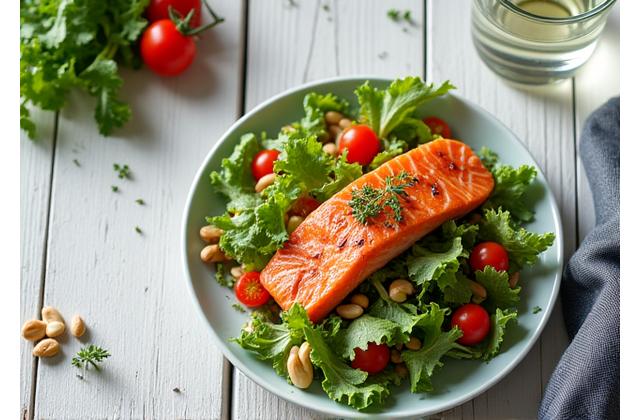 A vibrant, healthy meal with fresh ingredients arranged artfully, like a colorful salad with grilled salmon, alongside a clear glass of water, emphasizing personalized nutrition.
