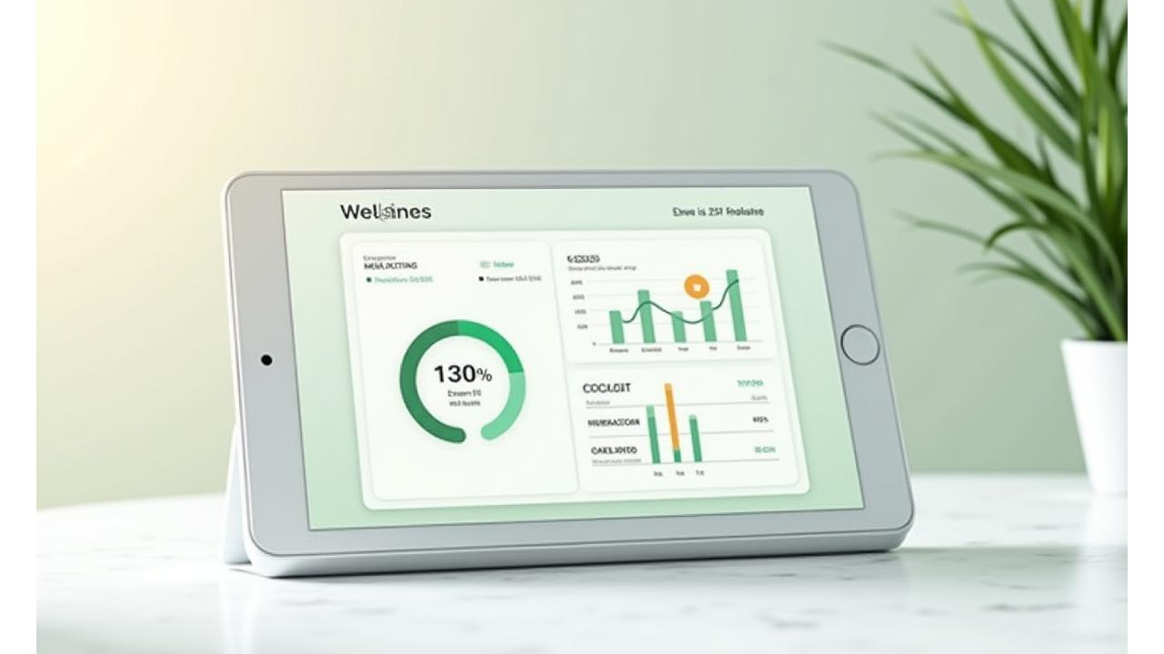 Veridian Bloom wellness tracking dashboard showing various health metrics, progress charts, and goal visualization on a tablet interface.